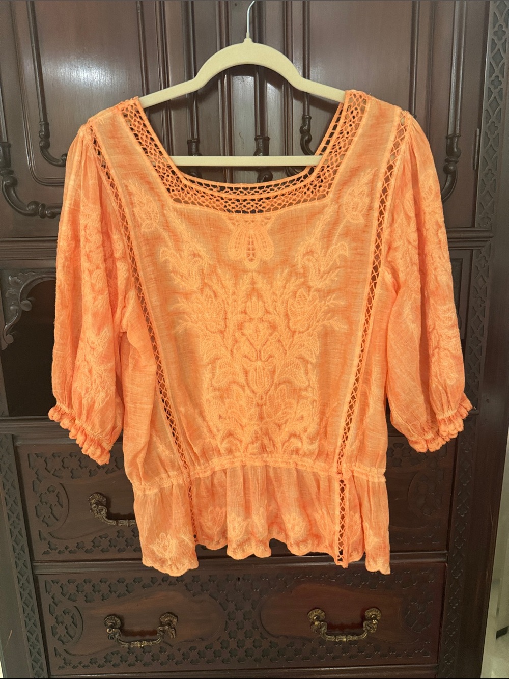 Democracy Orange Embroidered Boho Peasant Blouse